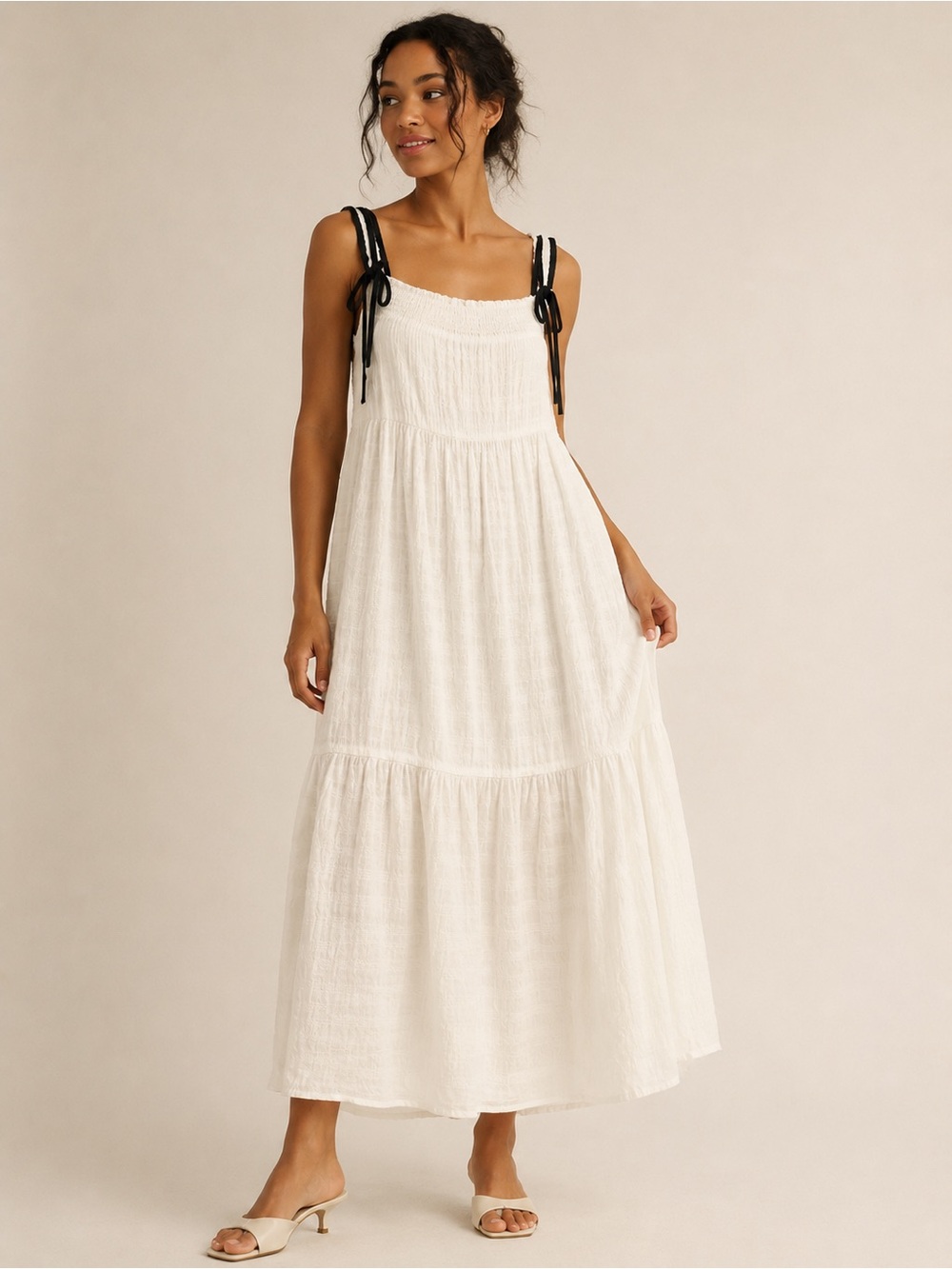 #50 New! Jodifil White Tiered Maxi Dress with Black Tie Straps